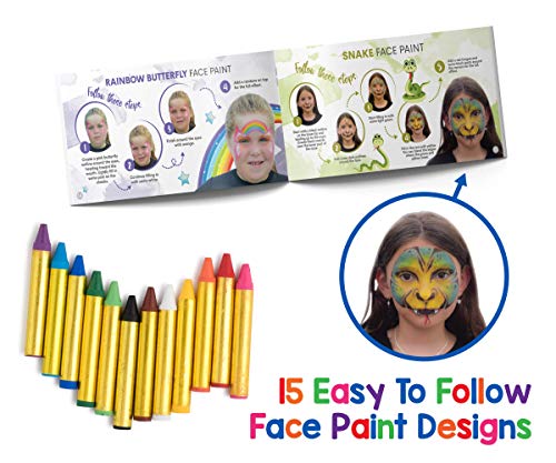 Dress Up America Face Paint Crayons - With Artbook & Easy To Follow Facepainting Designs -Safe Non-Toxic Face And Body Paint Made in Taiwan - Halloween Makeup Face Painting Kit for Kids & Adults