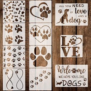 11 pieces dog paw print stencils trail of paw prints stencil love dog stencils reusable painting templates with metal open ring for diy scrapbooks painting on wood wall home supplies