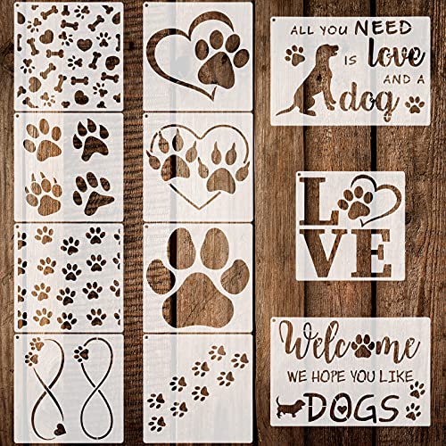 11 Pieces Dog Paw Print Stencils Trail of Paw Prints Stencil Love Dog Stencils Reusable Painting Templates with Metal Open Ring for DIY Scrapbooks Painting on Wood Wall Home Supplies