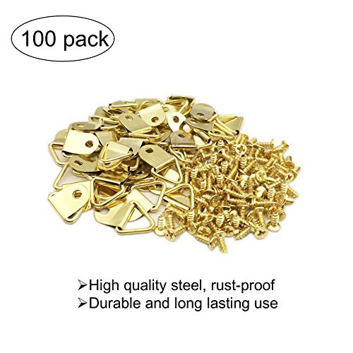 EesTeck 100 Pack Small Triangle Ring Steel Picture Hangers with Screws Picture Frames Picture Hang Solutions for Hanging Clock Paintings Artwork Picture Frame Hook Photos(Gold)