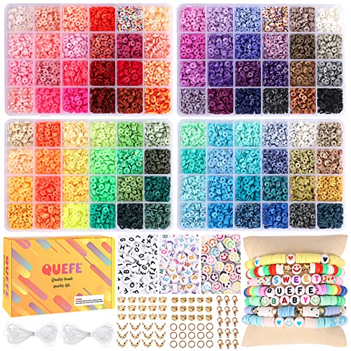 QUEFE 9600pcs Clay Beads for Bracelet Making Kit, 96 Colors Polymer Heishi Beads with Letter Beads for Jewelry Necklace Making, Craft Gifts, Preppy, Set for Girls 8-12