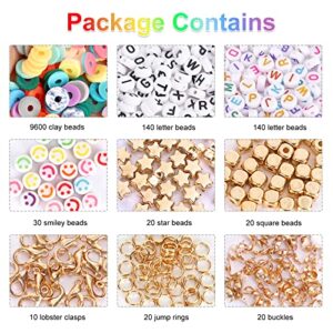 QUEFE 9600pcs Clay Beads for Bracelet Making Kit, 96 Colors Polymer Heishi Beads with Letter Beads for Jewelry Necklace Making, Craft Gifts, Preppy, Set for Girls 8-12