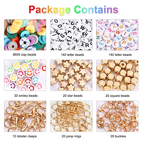 QUEFE 9600pcs Clay Beads for Bracelet Making Kit, 96 Colors Polymer Heishi Beads with Letter Beads for Jewelry Necklace Making, Craft Gifts, Preppy, Set for Girls 8-12