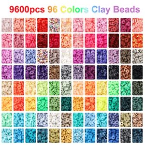 QUEFE 9600pcs Clay Beads for Bracelet Making Kit, 96 Colors Polymer Heishi Beads with Letter Beads for Jewelry Necklace Making, Craft Gifts, Preppy, Set for Girls 8-12