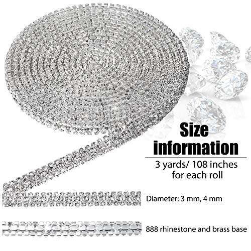 3 Yards 3 Rows Crystal Rhinestone Close Chain Trim for Crafts (White Rhinestone with Silver Base,3 Yard x 0.47 Inch)