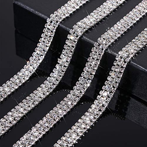 3 Yards 3 Rows Crystal Rhinestone Close Chain Trim for Crafts (White Rhinestone with Silver Base,3 Yard x 0.47 Inch)