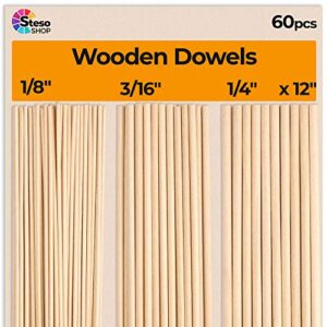 wooden dowel rods for craft – 60 pcs round wood dowels 12 inch in varying sizes – 1/8, 3/16, 1/4 – different rods – craft sticks round dowels…