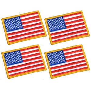 unis 4 pack, 3.5 x 2.5. inch large size american us flag embroidered cloth sew on iron on patch golden yellow border.
