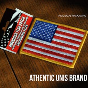 UNIS 4 Pack, 3.5 X 2.5. Inch Large Size American US Flag Embroidered Cloth Sew on Iron on Patch Golden Yellow Border.