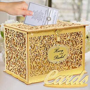 ourwarm gold wedding card box for wedding reception, glittery wooden card boxes with lock, gift card box money holder for reception anniversary shower rustic wedding decorations birthday graduation