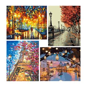 cupmod paint by number for adults, 4 pieces paint by numbers for adults beginner drawing paintwork with paintbrushes cityscape paint canvas oil painting 12x16inch
