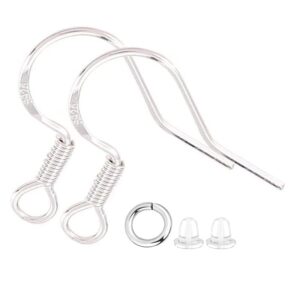 200 pcs/100 pairs 925 sterling silver earring hooks hypoallergenic silver ear wires fish hooks with 100 pcs clear silicone earring backs and 100 pcs jump rings for diy jewelry making