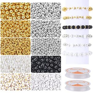 1800pcs jewelry beads making set, silver & gold round spacer beads 3 sizes smooth loose ball beads alphabet pearls beads and 2 rolls elastic string for diy craft making supplies