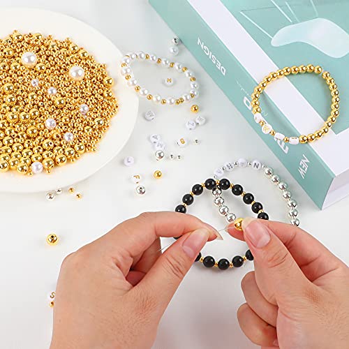 1800Pcs Jewelry Beads Making Set, Silver & Gold Round Spacer Beads 3 Sizes Smooth Loose Ball Beads Alphabet Pearls Beads and 2 Rolls Elastic String for DIY Craft Making Supplies