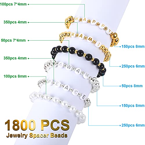 1800Pcs Jewelry Beads Making Set, Silver & Gold Round Spacer Beads 3 Sizes Smooth Loose Ball Beads Alphabet Pearls Beads and 2 Rolls Elastic String for DIY Craft Making Supplies