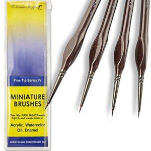 micro paint brush detail set – fine paintbrush 4pc round size 0000 (4/0) for line brush art or miniature painting. professional artist kit for acrylic, watercolor, oil, models, paint by numbers small