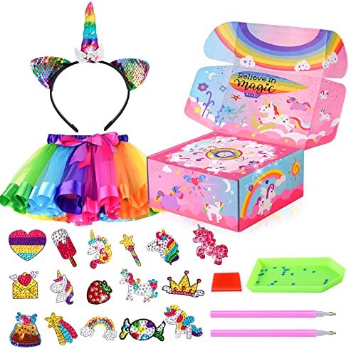 Beauwell Unicorn Gifts Toys for Girls - 3, 4, 5, 6, 7, 8, 9 Year Old Girl Birthday Gifts, Surprise Box, Christmas Gift, Includes Unicorn Skirt, Unicorn Headband, Unicorn Diamond Painting Kits