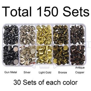 150 Sets Round Flat Head Chicago Screws Buttons Metal Studs Rivets Screwback Spots Metal Nail Rivet Studs for Leather Crafting 5/16 Inch (Mixed in Box)