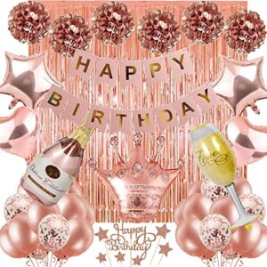 rose gold birthday party supplies happy birthday banner tissue flowers confetti balloons foil curtain for 18th 21st 30th 40th 50th girls women birthday party decorations