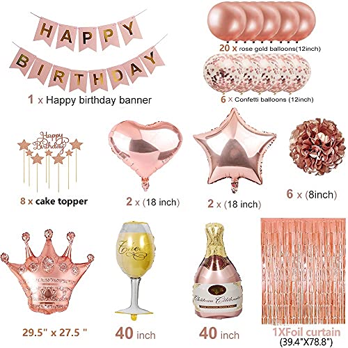 Rose Gold Birthday Party Supplies Happy Birthday Banner Tissue Flowers Confetti Balloons Foil Curtain for 18th 21st 30th 40th 50th Girls Women Birthday Party Decorations
