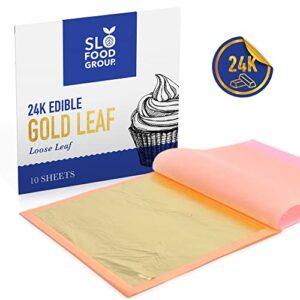 Slofoodgroup - 24 Karat Edible Gold Leaf Loose Sheets - 10 Sheets Gold Leaf Per Book - Gold Leaf Sheet Size 3.15in x 3.15in Loose Leaf Sheets - Edible Decoration, Crafting, Art and More