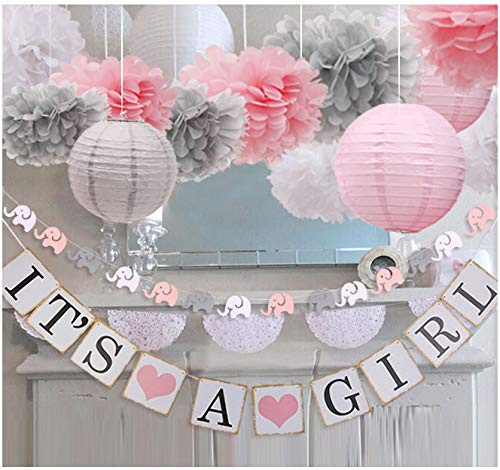 luckylibra Baby Girl Baby Shower Decorations, It is a Girl Banners and Paper Lantern Paper Flower Pom Poms （Pink White Grey）