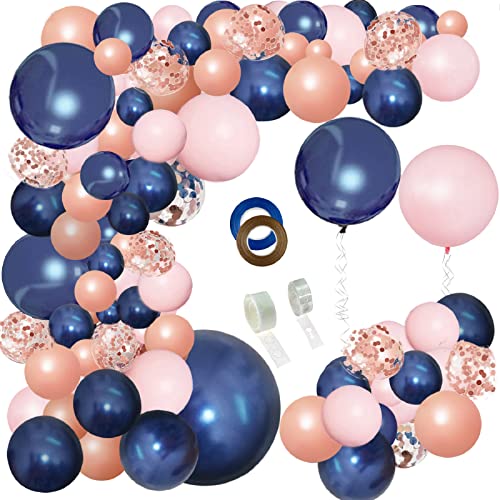 JULLIZ 144pcs Rose Gold Navy Blue and Pink Gender Reveal Balloon Garland Confetti Balloons for Graduation Shower Wedding Graduation Birthday Party Decoration