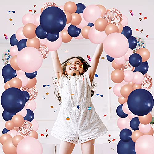 JULLIZ 144pcs Rose Gold Navy Blue and Pink Gender Reveal Balloon Garland Confetti Balloons for Graduation Shower Wedding Graduation Birthday Party Decoration