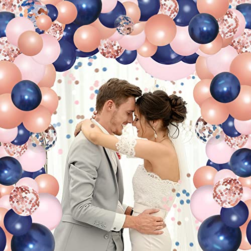 JULLIZ 144pcs Rose Gold Navy Blue and Pink Gender Reveal Balloon Garland Confetti Balloons for Graduation Shower Wedding Graduation Birthday Party Decoration