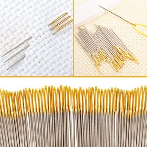 100pcs Cross Stitch Needles + 2 Needle Threader Golden Color Large Eyes Cross Stitch DIY Embroidery Hand Needles Sewing Needles in Transparent Box (26#)