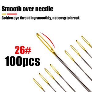 100pcs Cross Stitch Needles + 2 Needle Threader Golden Color Large Eyes Cross Stitch DIY Embroidery Hand Needles Sewing Needles in Transparent Box (26#)