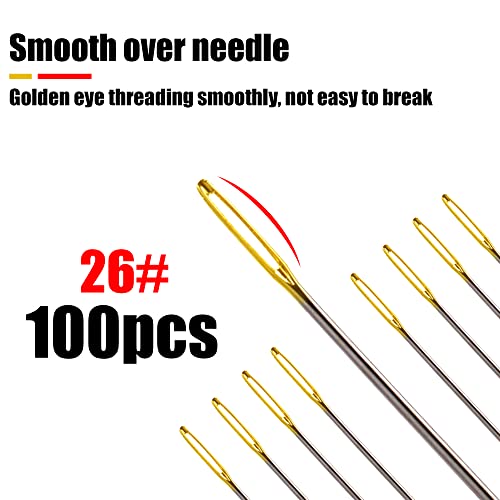 100pcs Cross Stitch Needles + 2 Needle Threader Golden Color Large Eyes Cross Stitch DIY Embroidery Hand Needles Sewing Needles in Transparent Box (26#)