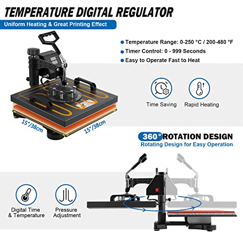 TOPDEEP 5 in 1 Heat Press Machine, Heat Press 15x15 inch, T Shirt Pressing Machine Slide Out Design, Multifunction Heat Press Transfer Machine Sublimation Combo for T-Shirt/Hat/Mug/Plate