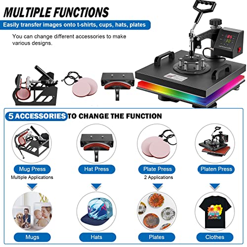 TOPDEEP 5 in 1 Heat Press Machine, Heat Press 15x15 inch, T Shirt Pressing Machine Slide Out Design, Multifunction Heat Press Transfer Machine Sublimation Combo for T-Shirt/Hat/Mug/Plate