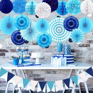 23Pcs Paper Fan Party Decoration, Navy Blue Hanging Paper Fans, Pom Poms Flowers, Garland String Polka Dot and Triangle Bunting Flag Packs for Boy Birthday, Bridal Shower, Baby Showers, Wedding