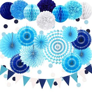 23pcs paper fan party decoration, navy blue hanging paper fans, pom poms flowers, garland string polka dot and triangle bunting flag packs for boy birthday, bridal shower, baby showers, wedding