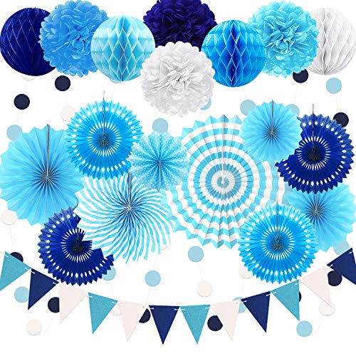 23Pcs Paper Fan Party Decoration, Navy Blue Hanging Paper Fans, Pom Poms Flowers, Garland String Polka Dot and Triangle Bunting Flag Packs for Boy Birthday, Bridal Shower, Baby Showers, Wedding