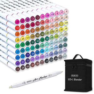 shuttle art 101 colors dual tip alcohol based art markers,100 colors plus 1 blender permanent marker pens highlighters with case perfect for illustration adult coloring sketching and card making