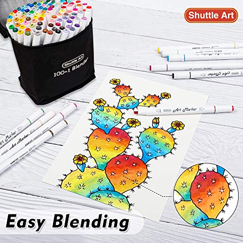 Shuttle Art 101 Colors Dual Tip Alcohol Based Art Markers,100 Colors plus 1 Blender Permanent Marker Pens Highlighters with Case Perfect for Illustration Adult Coloring Sketching and Card Making