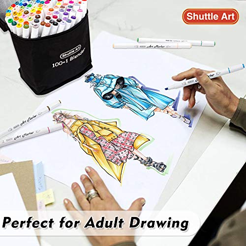 Shuttle Art 101 Colors Dual Tip Alcohol Based Art Markers,100 Colors plus 1 Blender Permanent Marker Pens Highlighters with Case Perfect for Illustration Adult Coloring Sketching and Card Making