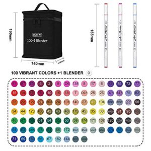 Shuttle Art 101 Colors Dual Tip Alcohol Based Art Markers,100 Colors plus 1 Blender Permanent Marker Pens Highlighters with Case Perfect for Illustration Adult Coloring Sketching and Card Making