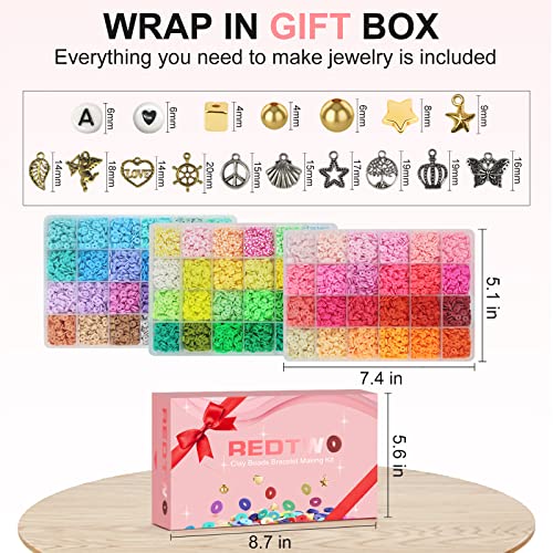Redtwo 72 Colors 15000pcs Clay Beads Bracelet Making Kit, Flat Round Polymer Heishi Beads for Jewelry Making with Letter Beads and Elastic Strings, Crafts Gift for Girls Ages 6-12(3 Boxes)