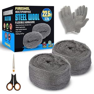Steel Wool Mice Fabric Roll Control 2 Pcs Total (3.2”x 22.5 Feet) - Gap Fill Fabric - Block Holes, Wall Cracks, Cleans Rusty Tools, Hardware DIY Kit - One Pair of Gloves and Scissor Included