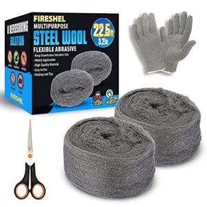 steel wool mice fabric roll control 2 pcs total (3.2”x 22.5 feet) – gap fill fabric – block holes, wall cracks, cleans rusty tools, hardware diy kit – one pair of gloves and scissor included