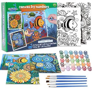 3 pack paint by numbers for kids ages 8-12, pre-printed acrylic oil painting, includes (8×10, 8×9, 8×8 inch) framed canvas with 30 acrylic paint pots, 5 brushes for kids, art supplies for kids 9-12