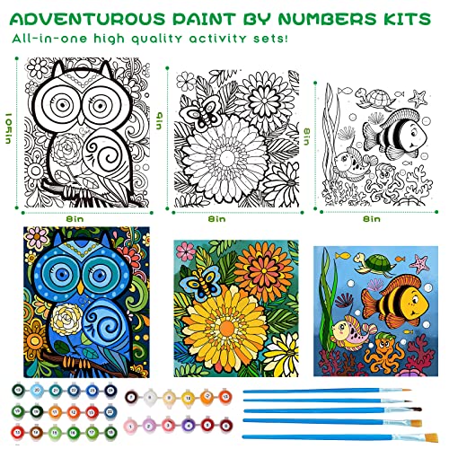 3 Pack Paint by Numbers for Kids Ages 8-12, Pre-Printed Acrylic Oil Painting, Includes (8x10, 8x9, 8x8 inch) Framed Canvas with 30 Acrylic Paint Pots, 5 Brushes for Kids, Art Supplies for Kids 9-12