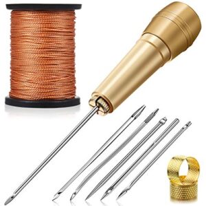 6 pieces canvas leather sewing awl needle with copper handle, 50 m nylon cord thread and 2 pieces thimble for handmade leather sewing tools shoe and leather repair