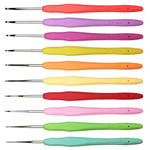 Set of 10 Small Size Crochet Hook Set, Ergonomic Handle Crochet Hook Needles for Arthritic Hands, Thread Crochet Steel Lace Hooks Size 0.5mm to 2.75mm