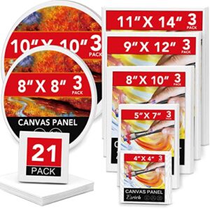 esrich canvases for painting blank cotton canvas boards 21pack with 7 size 4*4″, 5*7″, 8*10″, 9*12″, 11*14″，round canvas with 8*8″, 10*10″, 3 of each, painting canvas for oil & acrylic paint