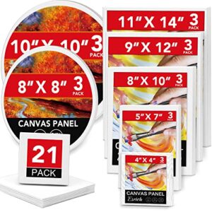 ESRICH Canvases for Painting Blank Cotton Canvas Boards 21Pack with 7 Size 4*4", 5*7", 8*10", 9*12", 11*14"，Round Canvas with 8*8", 10*10", 3 of Each, Painting Canvas for Oil & Acrylic Paint